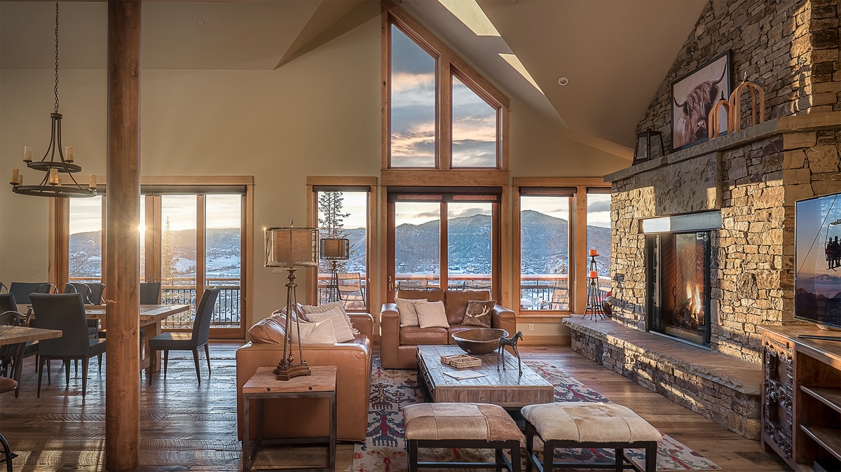 Great Room, Main Level, South - With sunset mountain views