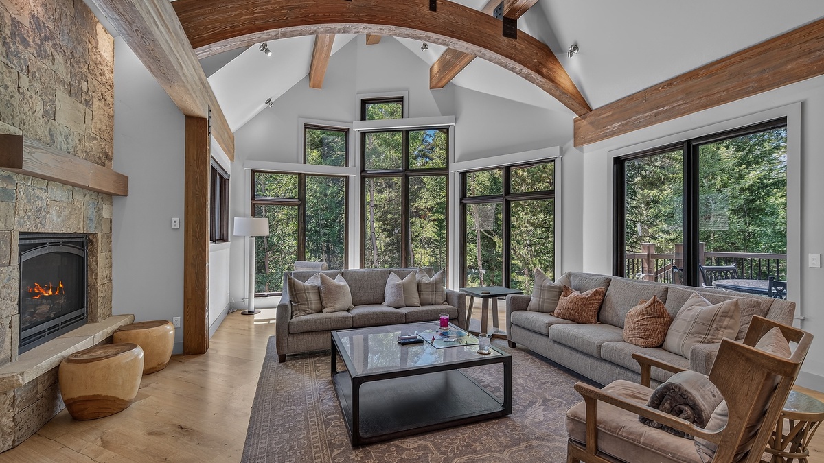 Great Room, Upper Level - Seating area with forest views