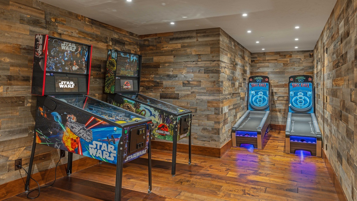 Lower level game room with pinball and skee-ball