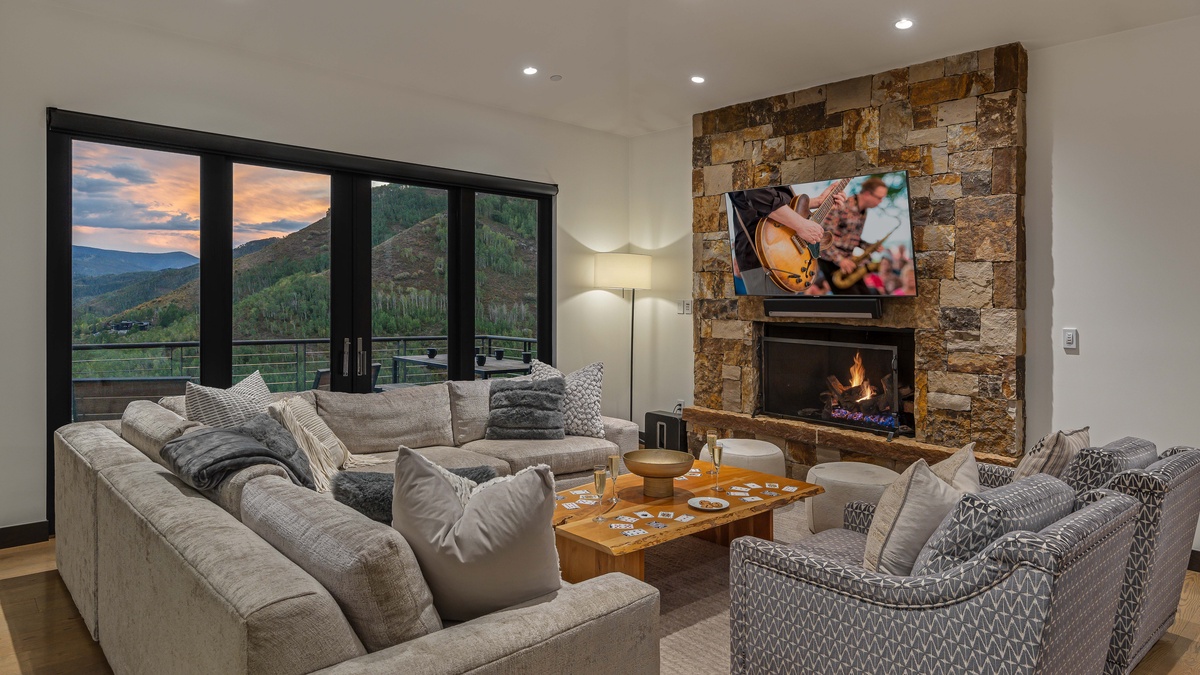 Great room with views and fireplace on main level
