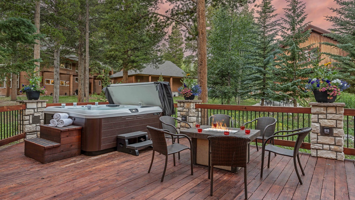 Main deck with hot tub and gas firepit