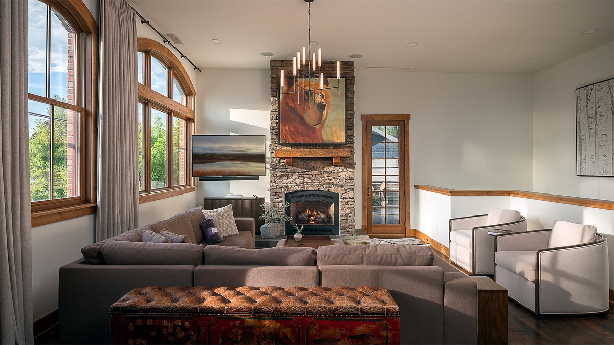 Great Room, Main Level - Fireplace with seating area and balcony access