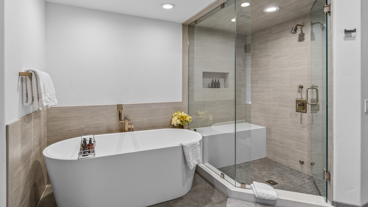 Bedroom 1, Main Level - With tub and glass walk-in shower