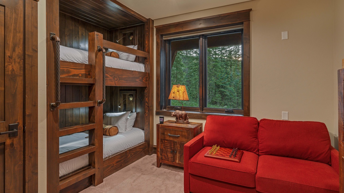 Bedroom 4, Lower Level - Lower level twin-over-twin bunk, full sleeper sofa, and TV