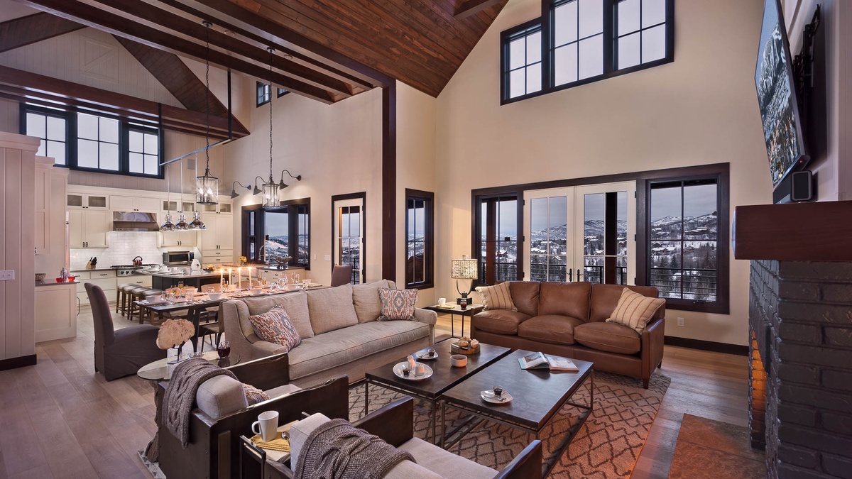 Great Room, Main Level - Plush sofa seating with fireplace