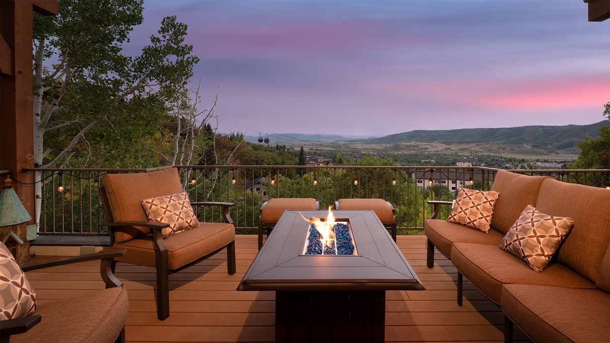 Deck, Main Level - Relax by the firepit with scenic mountain views