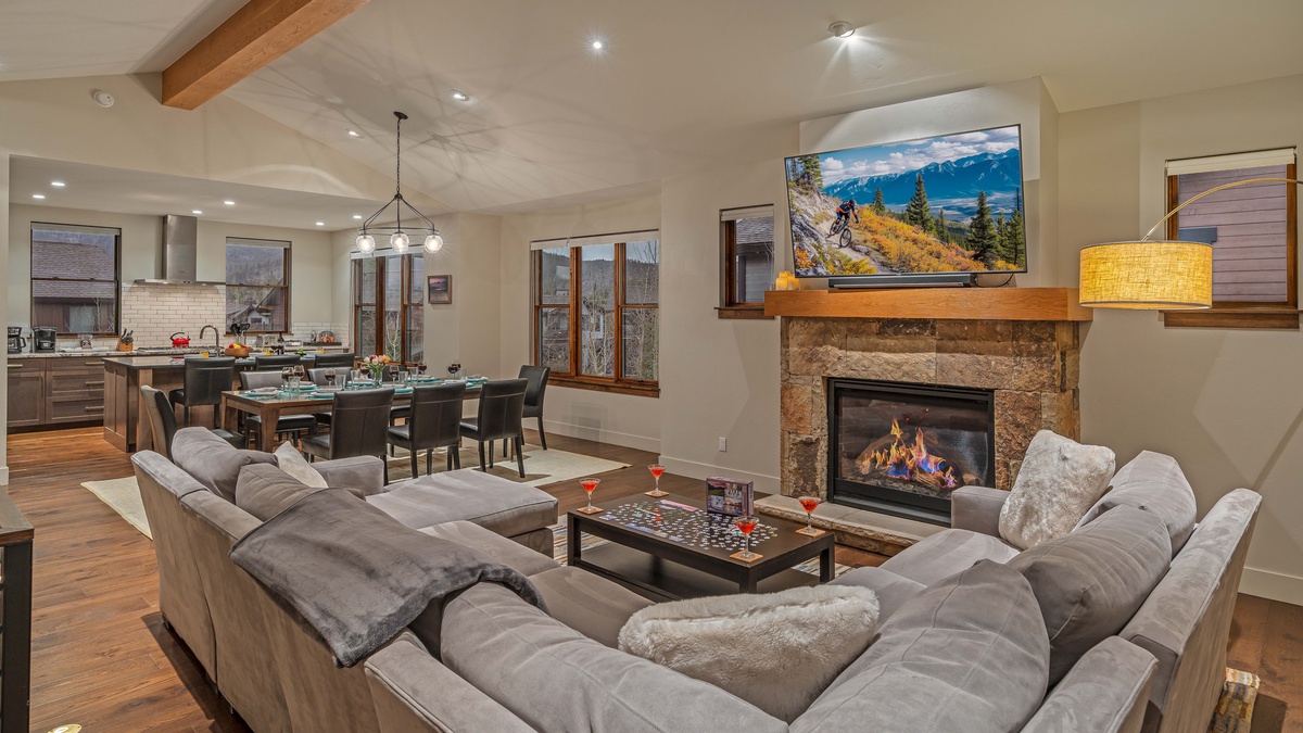 Open floor plan great room looking towards dining area and kitchen