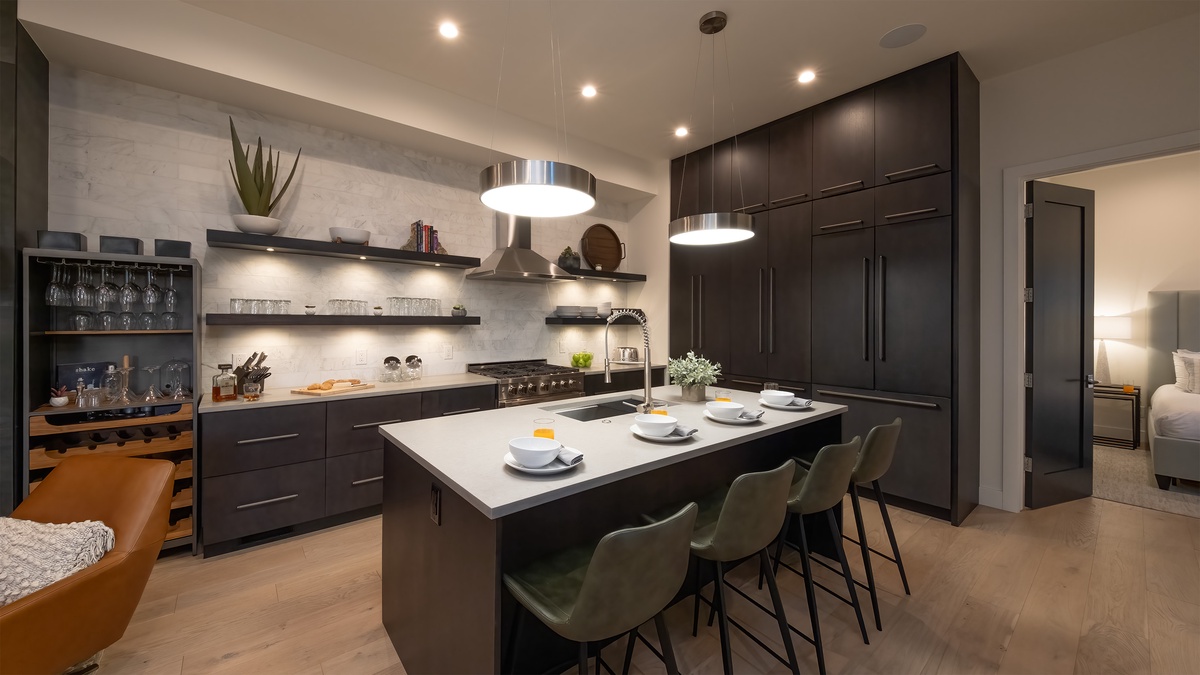 Kitchen, Main Level - Island with bar seating and pendant lighting