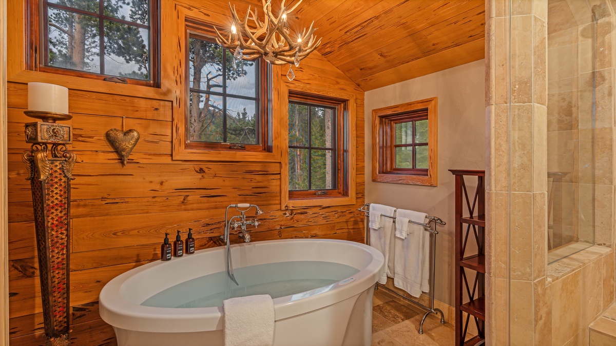 Bedroom 1, Upper Level - Primary ensuite with soaking tub and shower