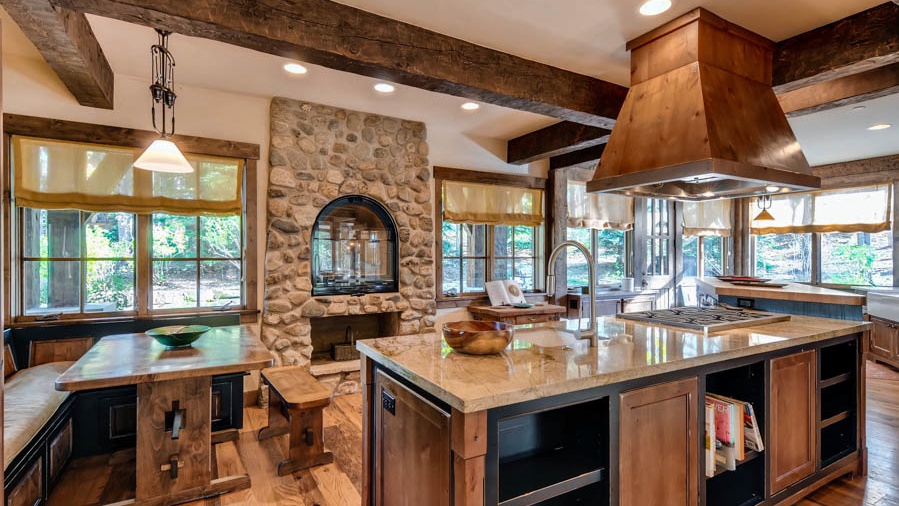 Gourmet kitchen with two breakfast nooks, gas fireplace
