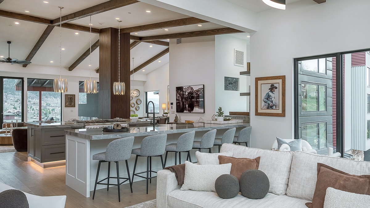 Family Room, Upper Level - Seating area with kitchen island and bar seating