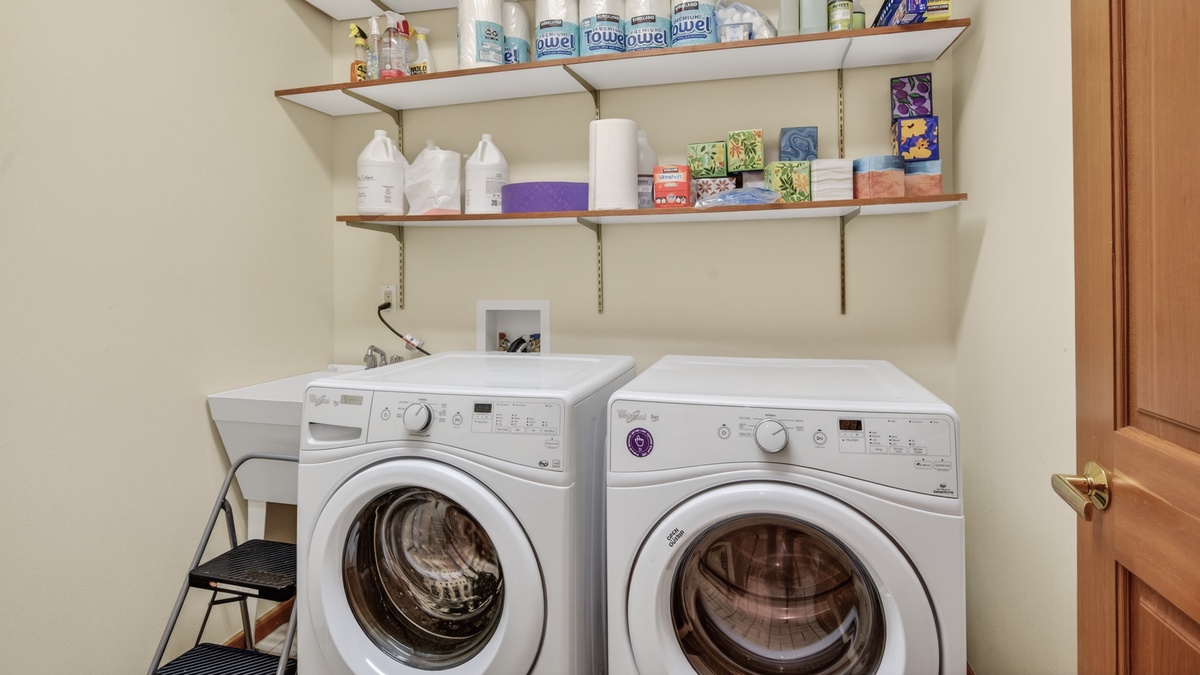 Laundry, Lower Level - Washer and dryer with shelving