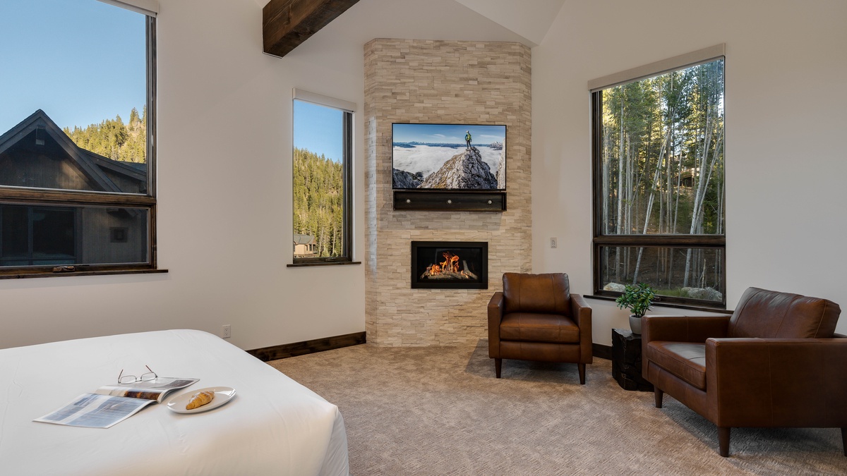 Bedroom 1, Upper Level - Primary suite with TV & fireplace