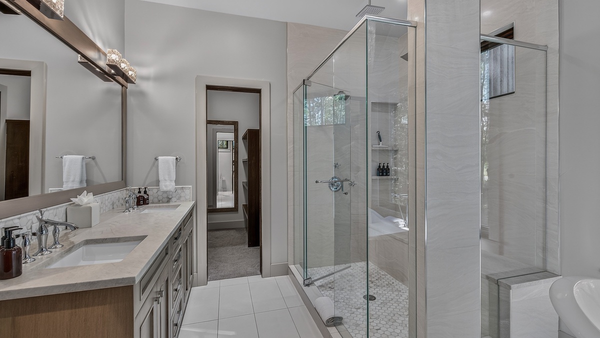 Bedroom 1, Entry Level - Ensuite with double vanity and walk-in shower