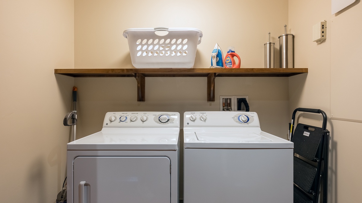 Your laundry essentials are all right here, ready when you need them—washer, dryer, and everything to keep your vacation wardrobe fresh.