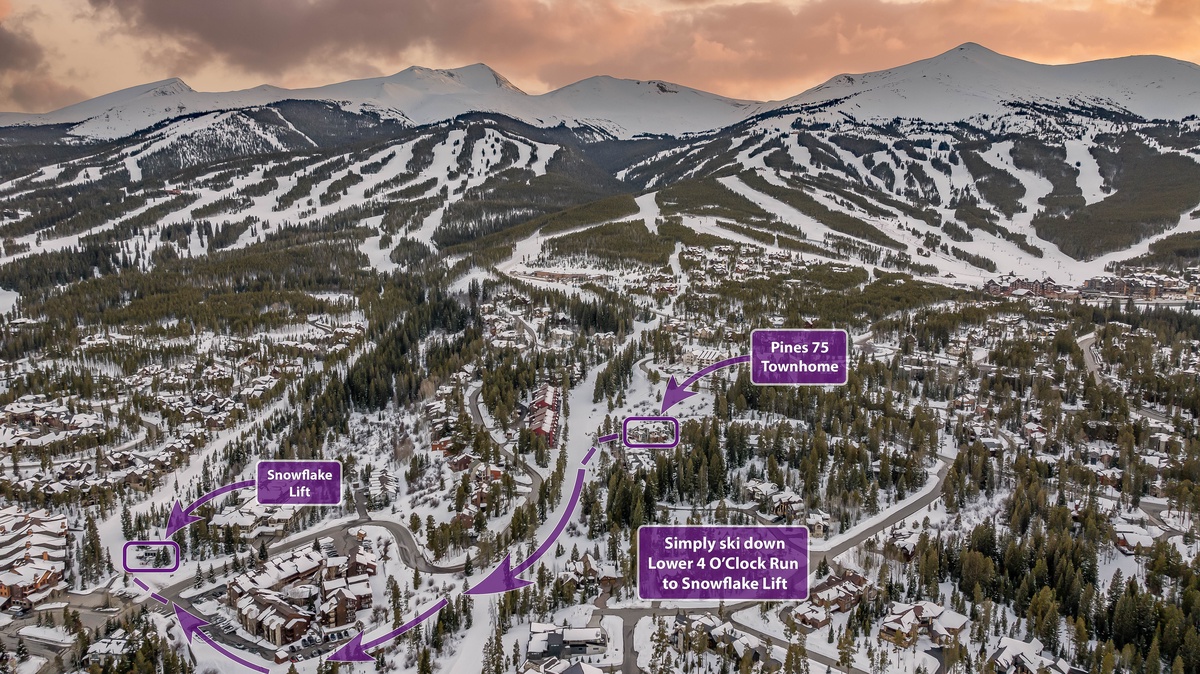 Ski access aerial of Pines 75 Townhome