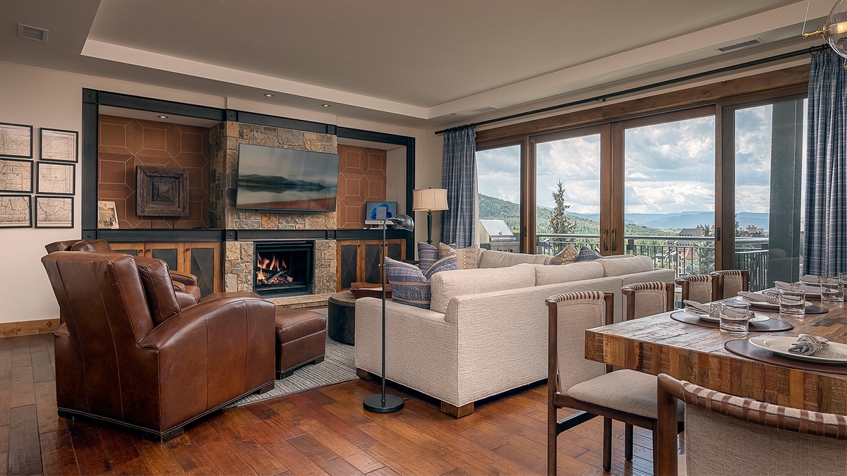 Great Room, Main Level - Fireplace with seating area and mountain views