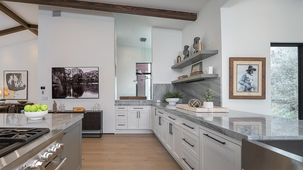 Kitchen, Upper Level - Kitchen with island and bar seating