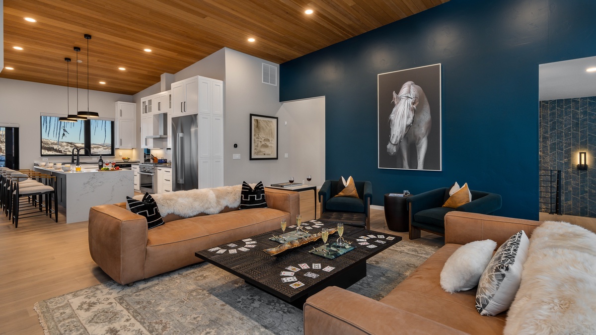 Great room with dramatic accent wall and beautiful design