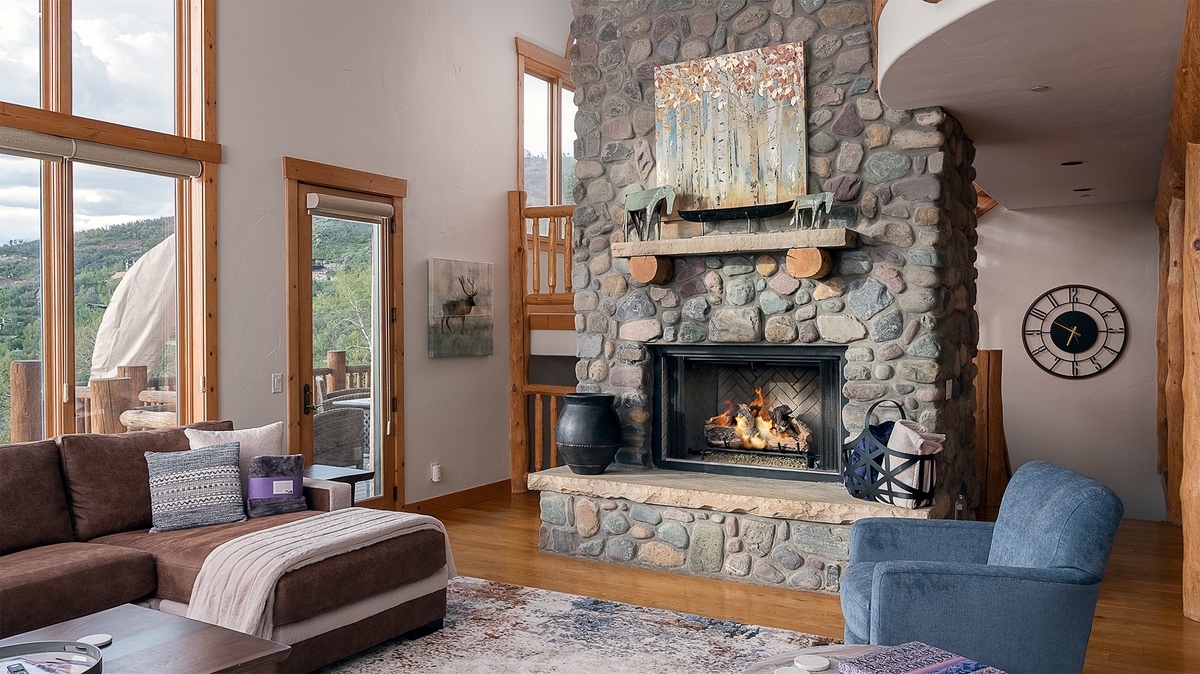 Great Room, Main Level - Stone fireplace with mountain views