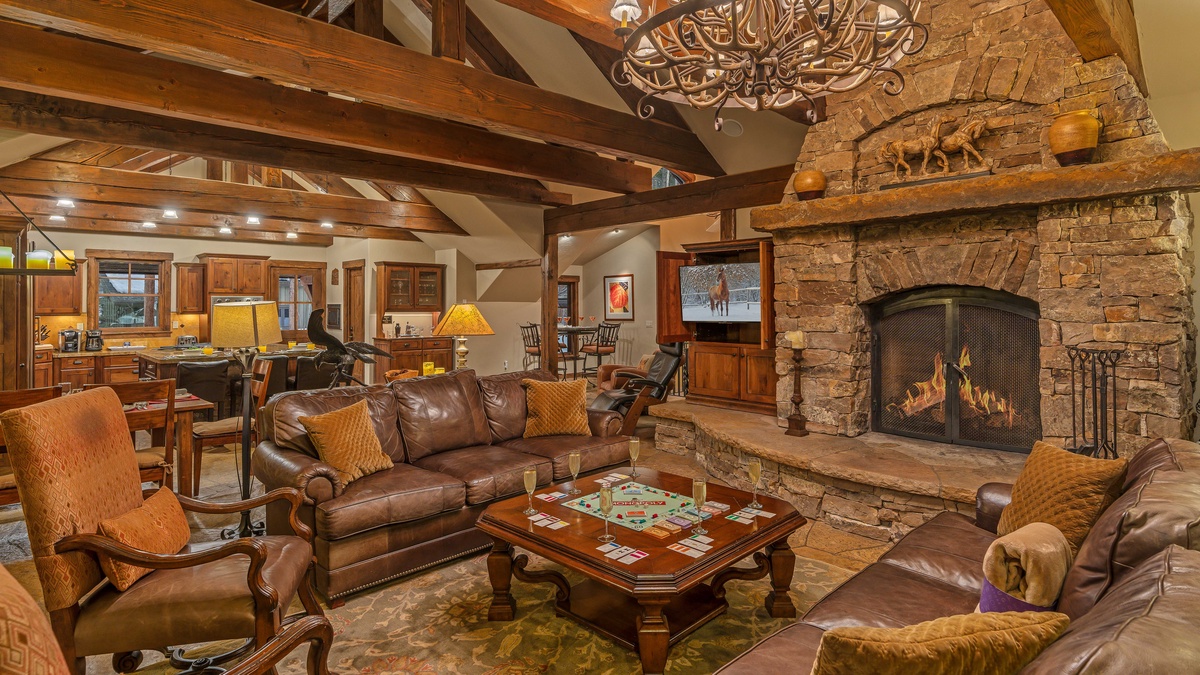 Amazing great room with fireplace and TV