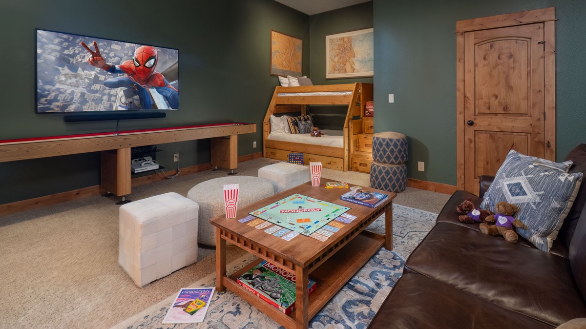 Extra Bedding, Lower Level - Family room with seating area, TV, shuffle board and bunk bed
