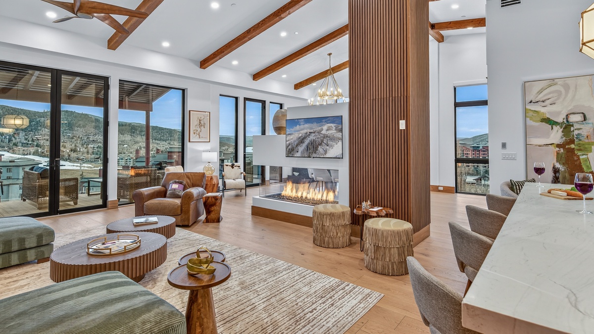 Great Room, Upper Level - Nocturne View, with fireplace and views