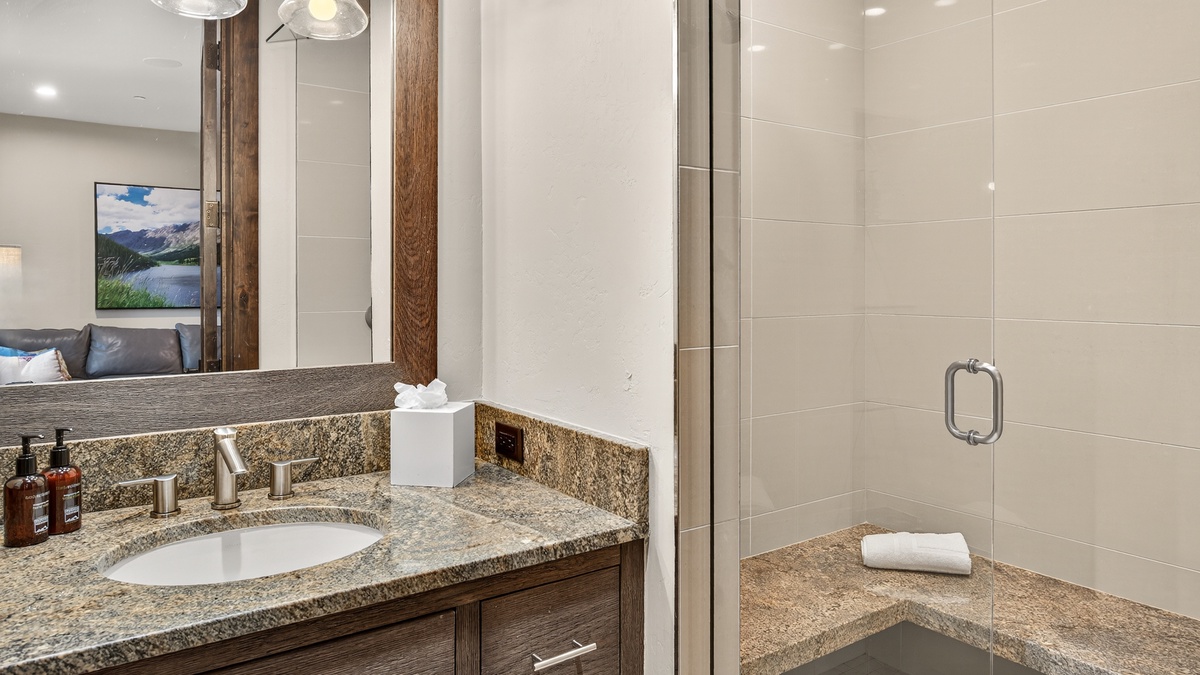 Bedroom 4, Mid-Level - Shared bathroom with shower off of living room