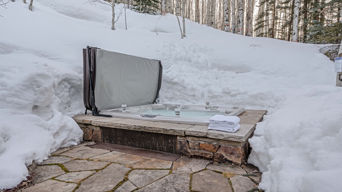 Private sunken hot tub on main level back patio