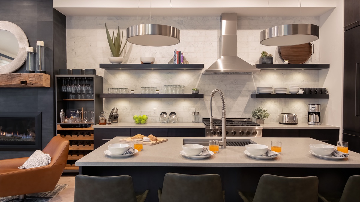 Kitchen, Main Level - Island with seating and open shelving