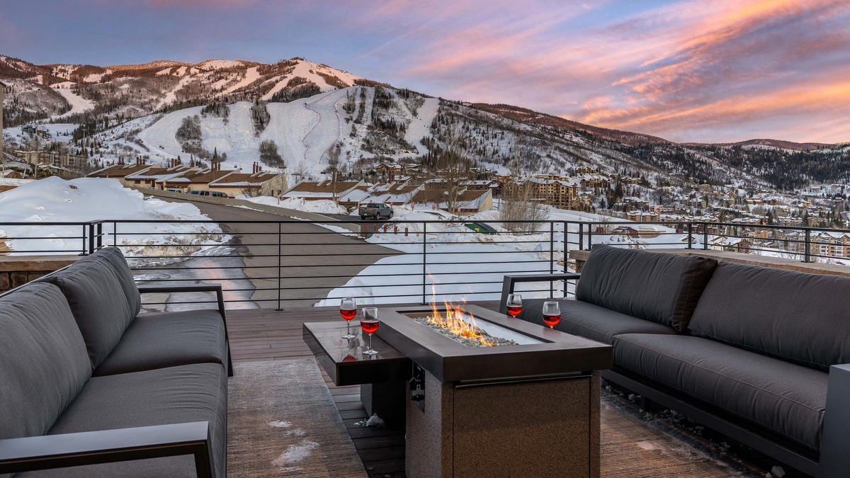 Front deck with gas fireplace and views of Steamboat Ski Resort