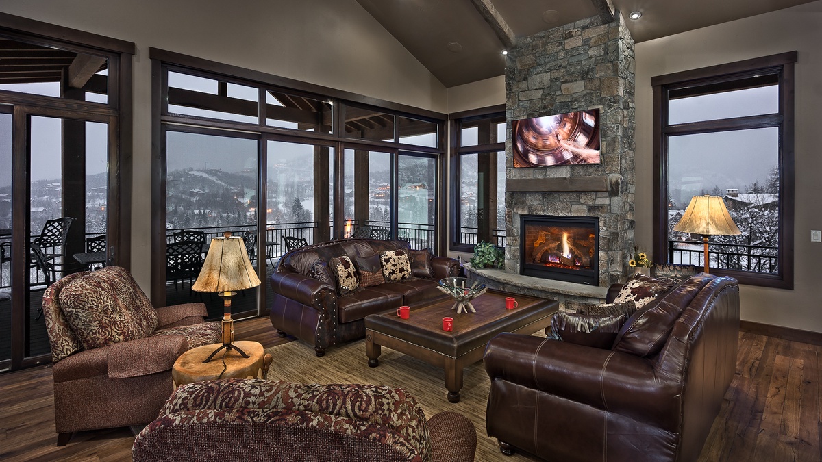 Great room with fireplace and TV