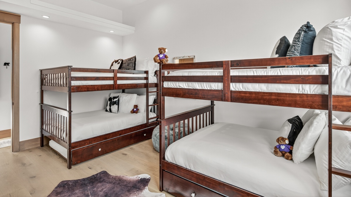 Bedroom 3, Lower Level - Nocturne View, two full-over-full bunk beds, each with a twin trundle