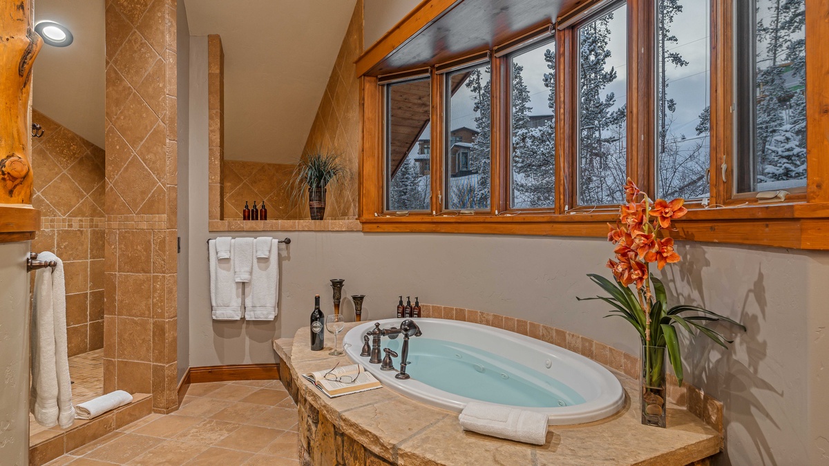 Shared bathroom on loft level with spacious shower and tub