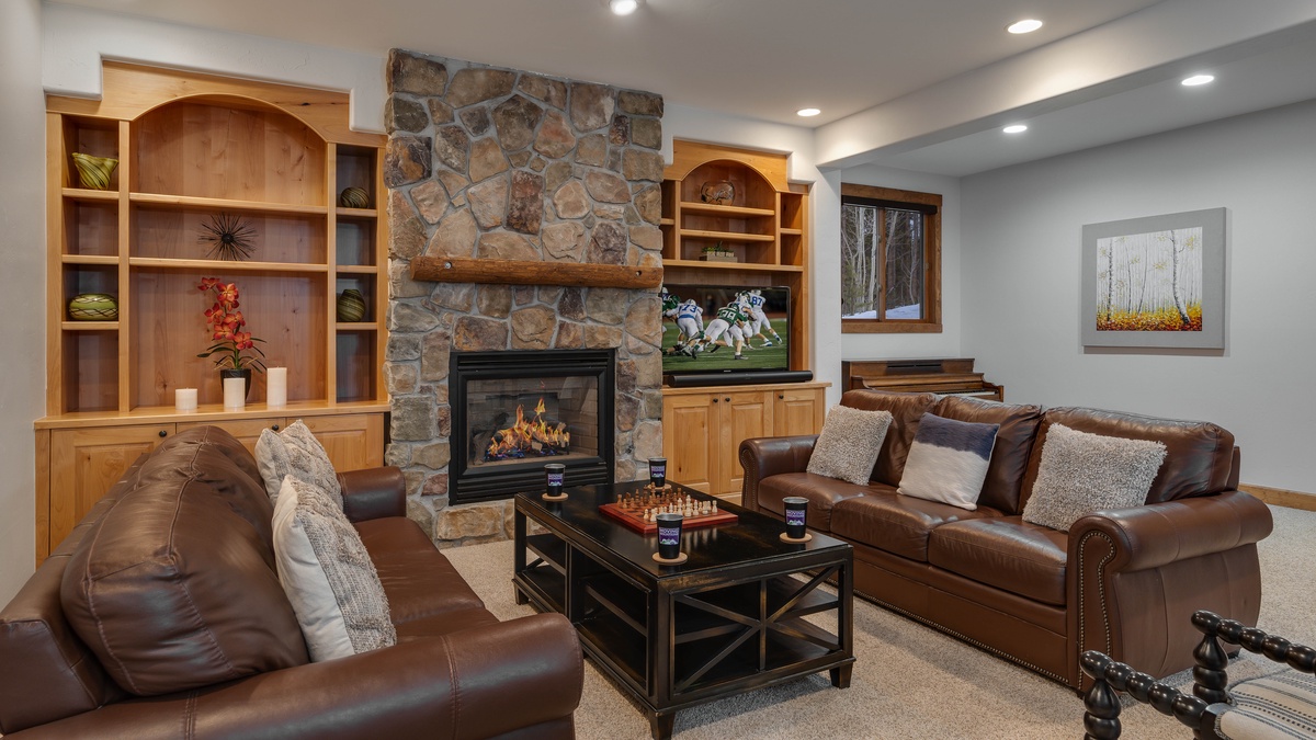 Lower level family room with fireplace