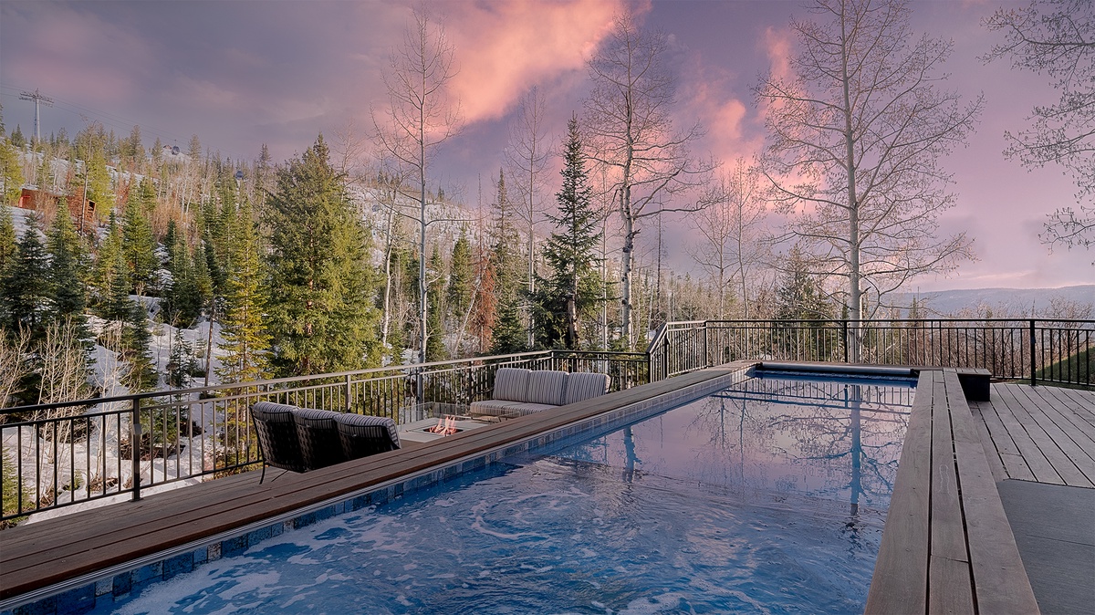 Hot Tub, Lower Level - Outdoor soaking area with fire pit and mountain views