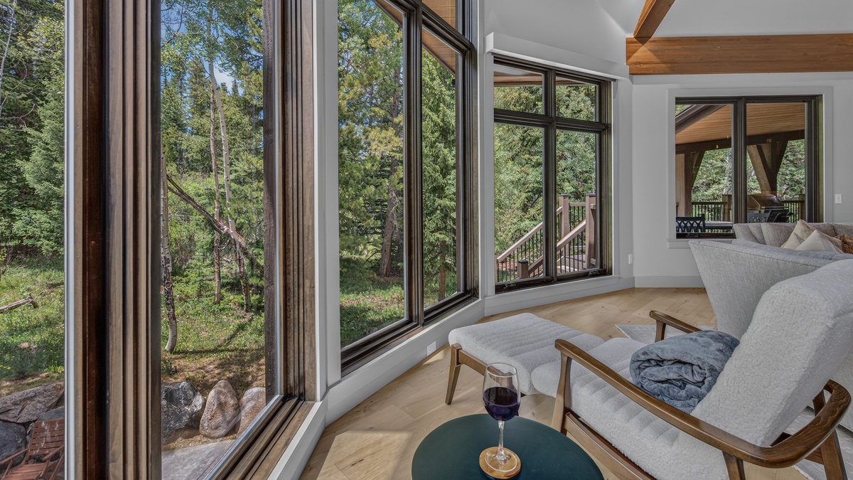 Great Room, Upper Level - Seating area with forest views