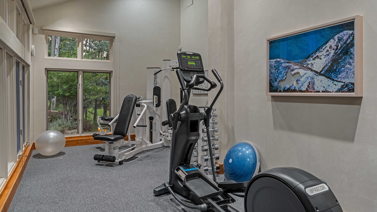 Indoor gym on main level, adjacent to primary king suite