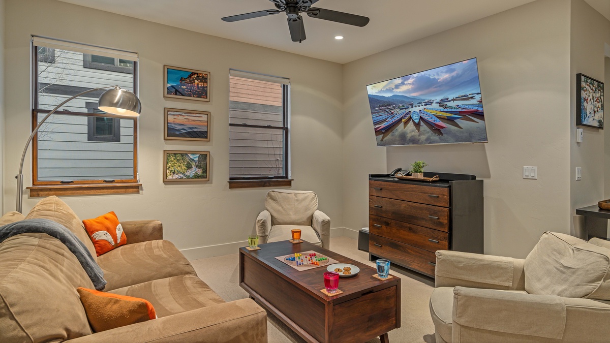 Lower level family room with TV and sleeper sofa