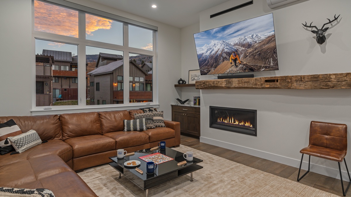 Modern great room with fireplace
