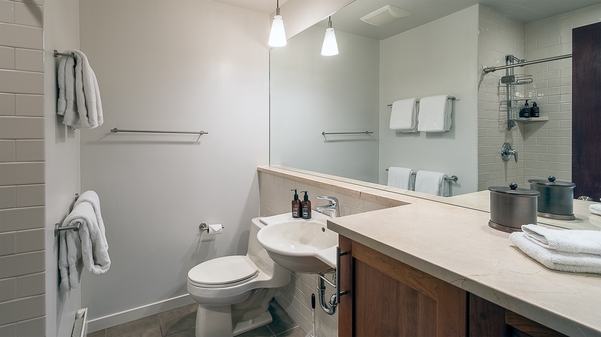 Bedroom 1, Upper Level - Primary ensuite with single vanity and walk-in shower