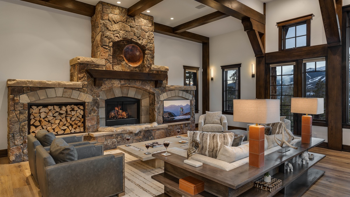 Great room with TV and fireplace