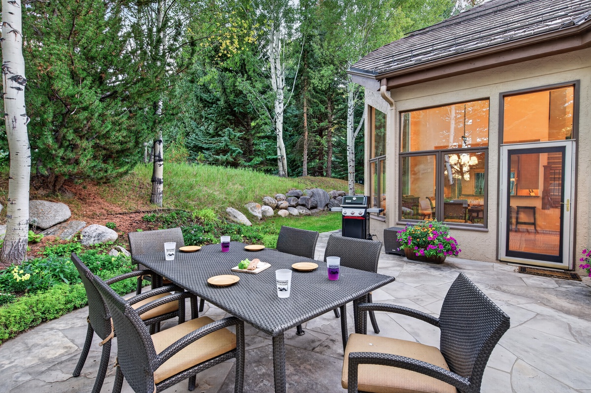 Patio, Main Level - Outdoor dining table surrounded by trees