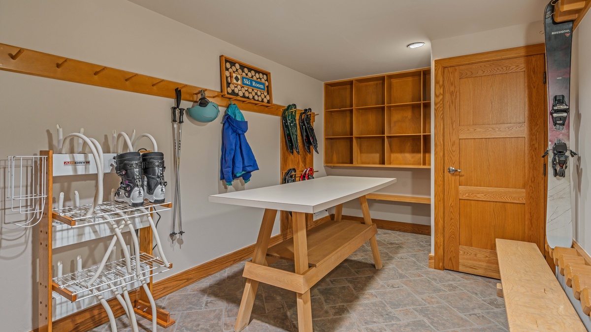 Ski storage and mudroom on lower level