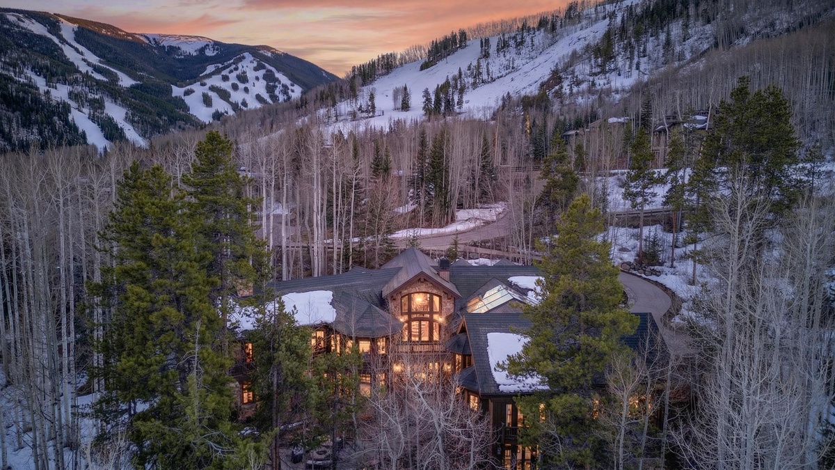 Aerial views with the ski resort in the background
