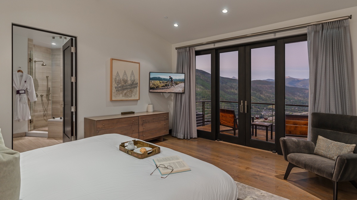 Bedroom 1, Upper Level - Primary king suite with private heated balcony