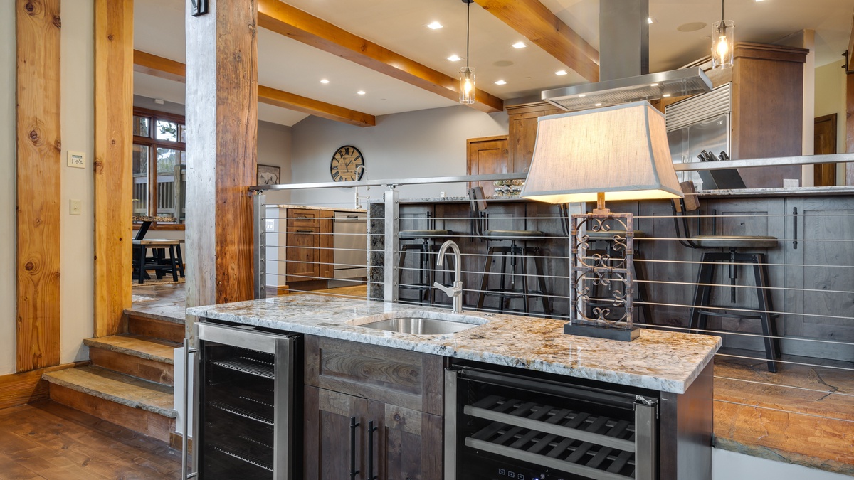 Wet bar in great room with wine cooler