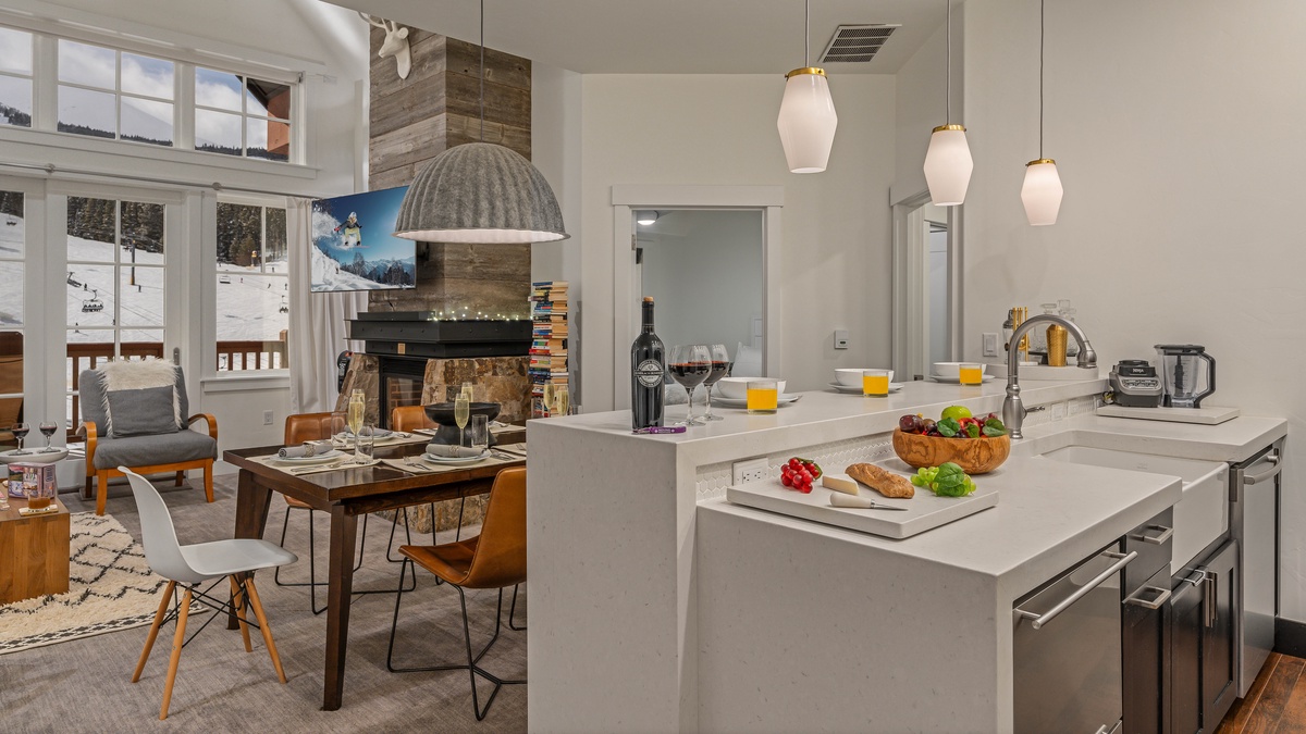 Kitchen looking into dining area
