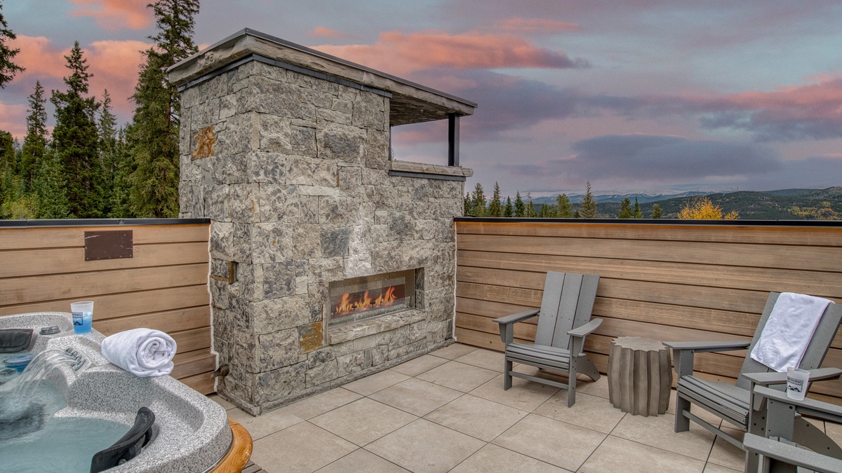 Hot Tub, Rooftop Deck Level - Outdoor fireplace with seating