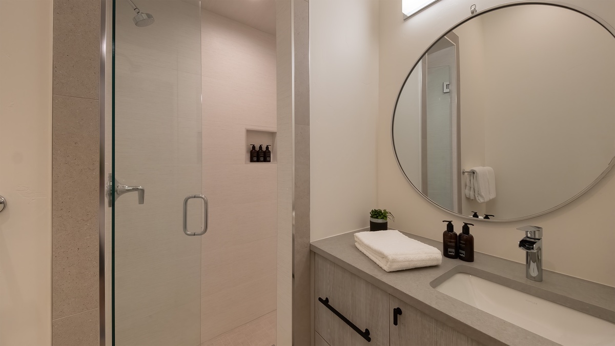 Bathroom 2, Upper Level - Ensuite with vanity and glass shower